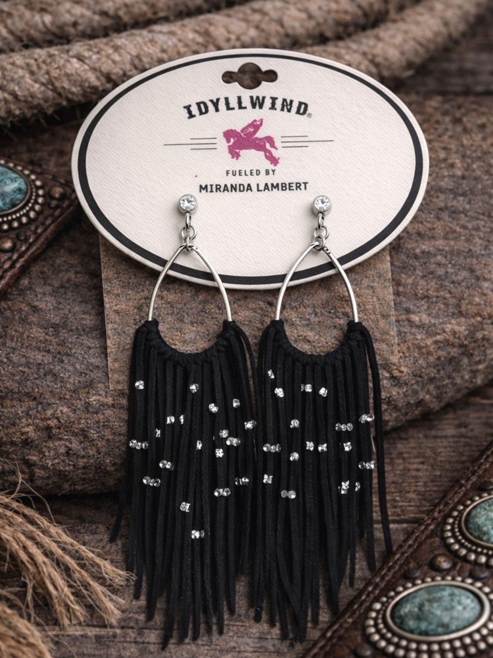 Western Festival Black Fringe Crystal Hoop Earrings